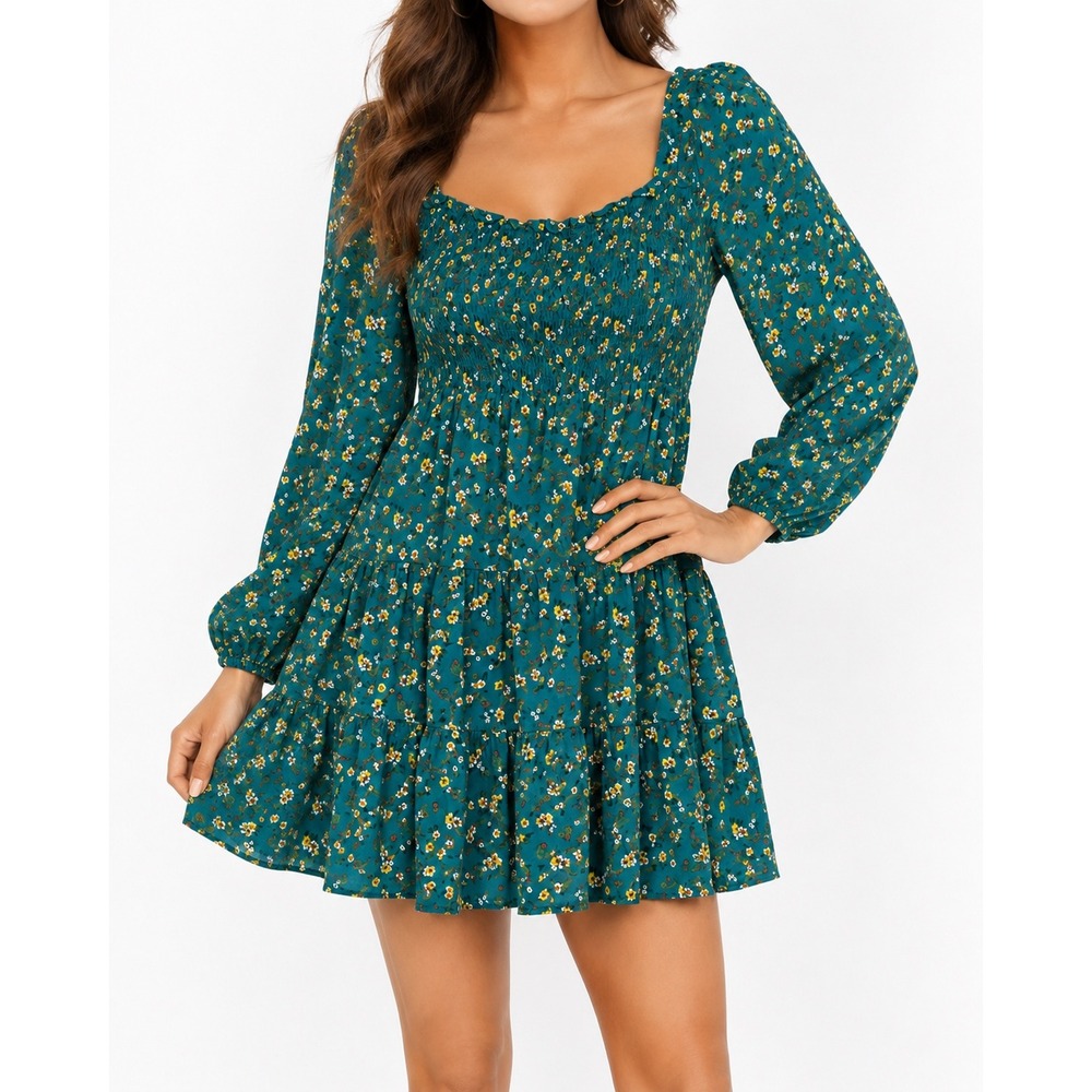 Liberty Love Teal Floral Smocked Tiered Mini Dress Long Sleeve XL